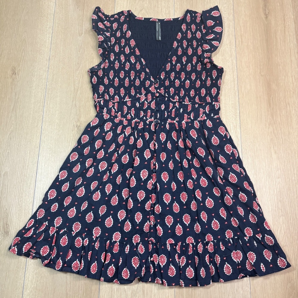 Anthropologie Navy Red Medallion Print Ruffle Mini Dress Petite XS Smocked Back